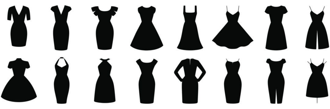 Set of black female dress silhouettes including cocktail evening summer and party gown styles isolated on a white background vector.