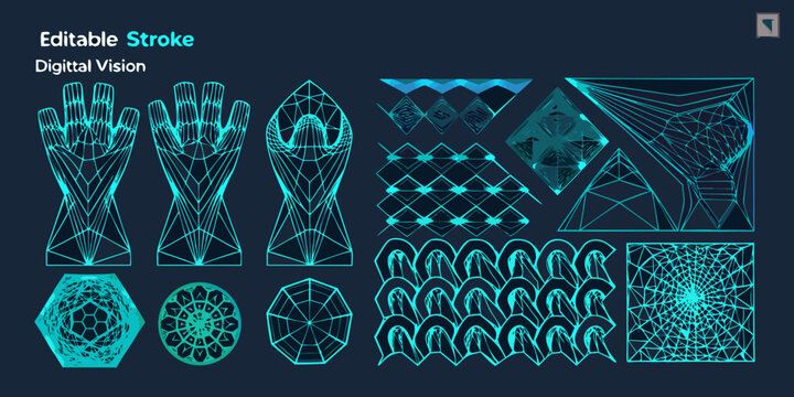 3d wireframe models of hands and geometric shapes teal lines on dark blue background