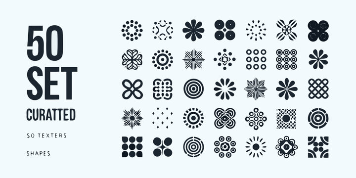 Collection of fifty black vector geometric shapes and floral patterns on a white background