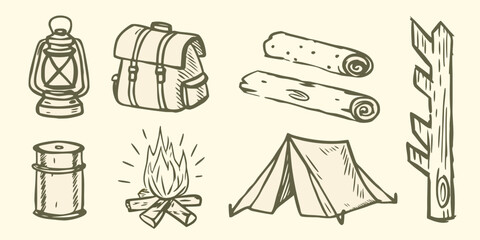 Camping equipment sketch set including lantern backpack firewood and tent on white background high quality © Pabitra