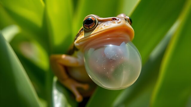 A tree frog's translucent, inflated vocal sac against green leaves.