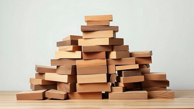 A precarious tower of wooden blocks stacked at unstable angles.