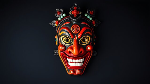 Vibrant traditional Sri Lankan mask with ornate decorations on dark background.