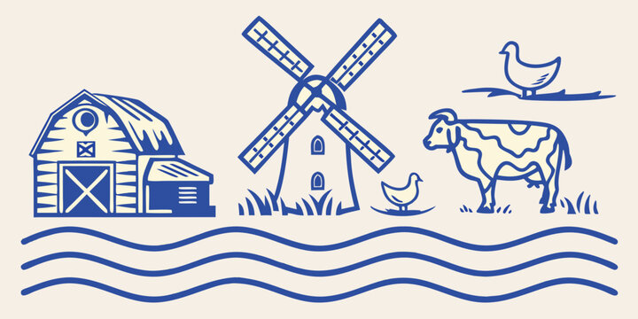 Vintage style illustration of a dutch windmill american barn cow and chickens high quality professional