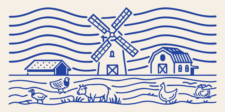 Line drawing of a dutch windmill and american barn with farm animals and landscape