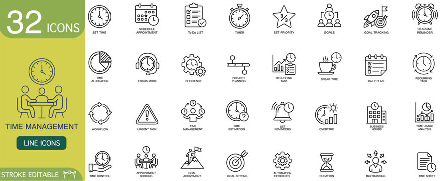 Time management icon line outline schedule planner productivity workflow set featuring calendar, checklist, timer, goal, reminder, meeting, analytics for business planning