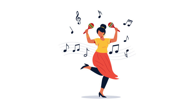 Woman dancing happily while playing red maracas surrounded by several flying musical notes in a modern flat vector illustration style.