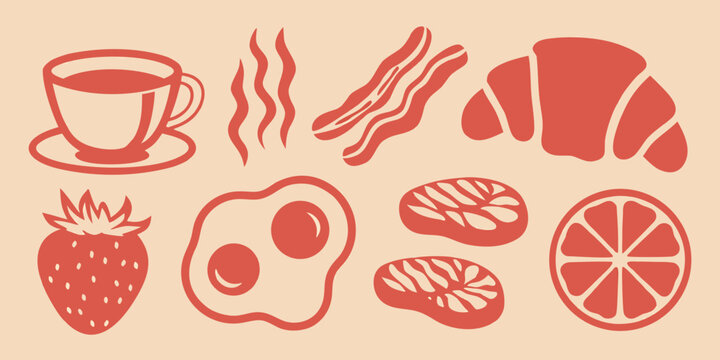 Breakfast food illustrations including coffee bacon croissant strawberry and fried egg on a beige background