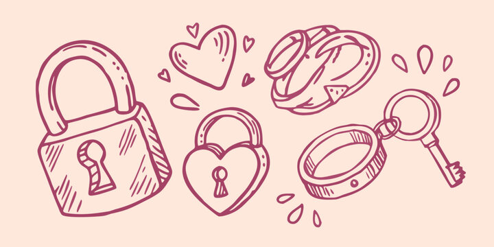 Hand drawn locks and key with hearts romantic doodle style illustration on a pink background