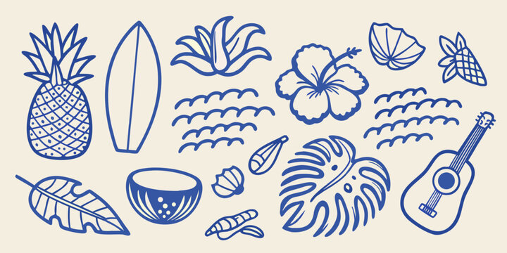 Tropical summer elements collection line art illustration with pineapple surfboard and hibiscus flower high quality