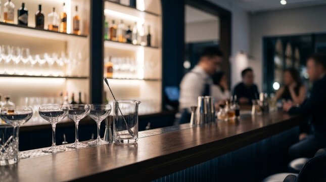 Empty Wine Glasses on Bar Counter with Blurred Guests in Warm Restaurant Photo