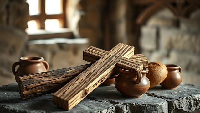 A rough-hewn wooden cross on a stone table with clay pots and bread in soft light.
