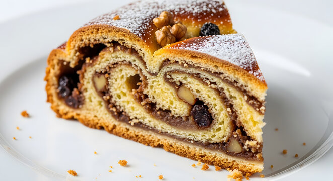 A plate of a delicious potica slice, Slovenian dessert roll with nuts and chocolate against white background