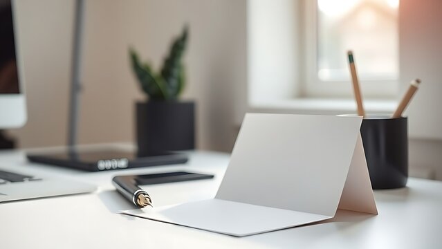 Minimalist office desk with a blank notecard and fountain pen, bathed in soft morning light for a clean and professional look.
