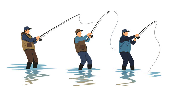 Three male fishers standing in the water wearing waders and using rods to catch fish in various action poses for hobby.