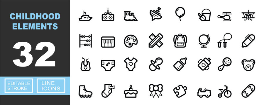 Childhood Elements line icon set. Vector pictograms of boat, radio, train, whirligig, balloon, bucket, helicopter, mobile, abacus, keyboard, palette, stationery, backpack, globe. Editable stroke.