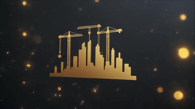 golden construction crane and city skyline silhouette on dark bokeh background