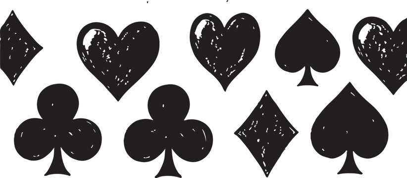 Black grunge playing card suits icons, distressed spade, heart, diamond, and club symbols