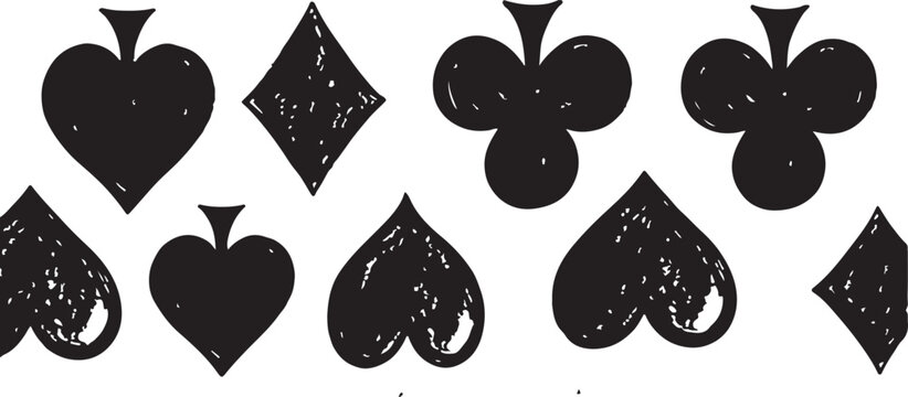 Black grunge playing card suits icons, distressed spade, heart, diamond, and club symbols