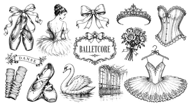 Balletcore set with ballerina tutu swan and shoe in vintage engraving