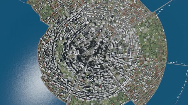 Camera flight from city blocks to an upper view of the city surrounded by water