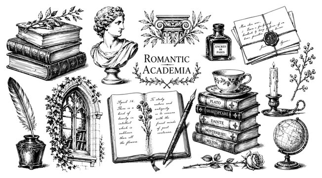Romantic academia set with book bust globe inkwell vintage engraving