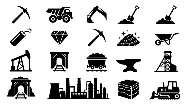 Mining solid icon set with pickaxe truck excavator and dynamite
