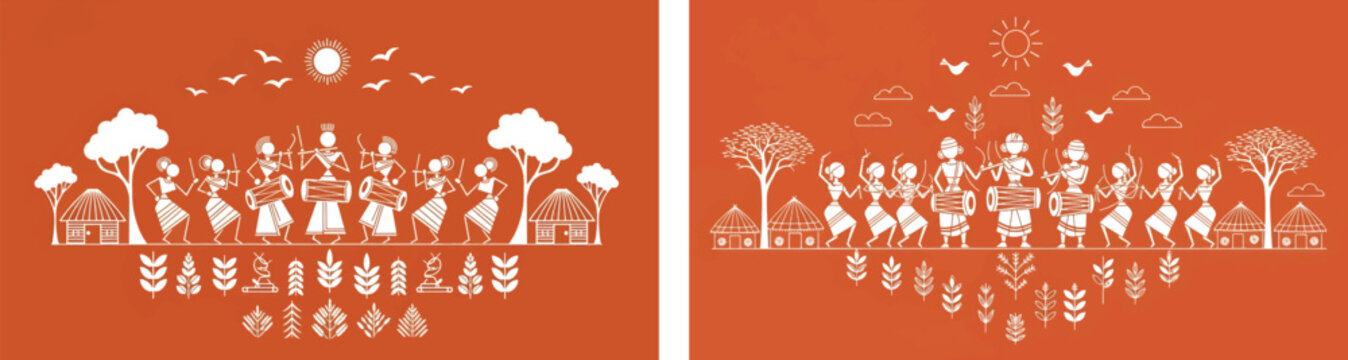 Warli art tribal painting vector set, traditional Indian folk art illustration, ethnic village life scene with dancing figures and huts on terracotta background