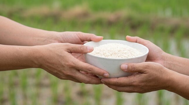 Rice Bowl Shared Between Hands as Food Support Concept Photo