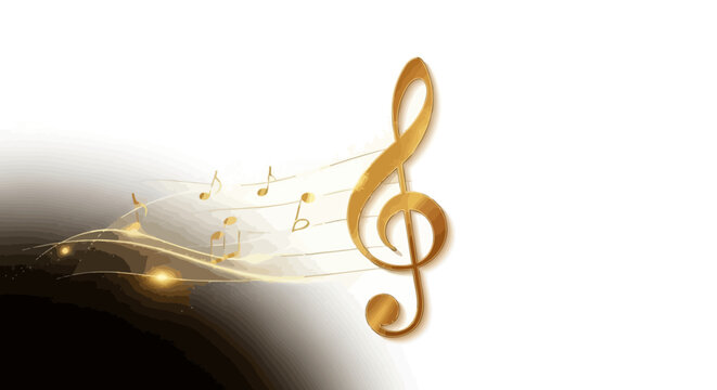 Golden Treble Clef with Musical Notes Flowing on a White Background
