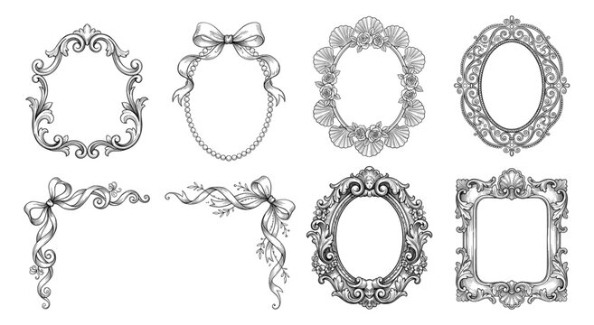 Baroque frame set with oval border bow and corner vintage engraving