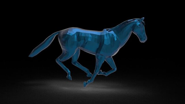 3D Animation Blue Horse Galloping, Metallic Equine, Glowing, Loop