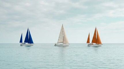 Naklejka premium Minimal Sailboat Trio on Open Sea Horizon for Coastal Travel Photo