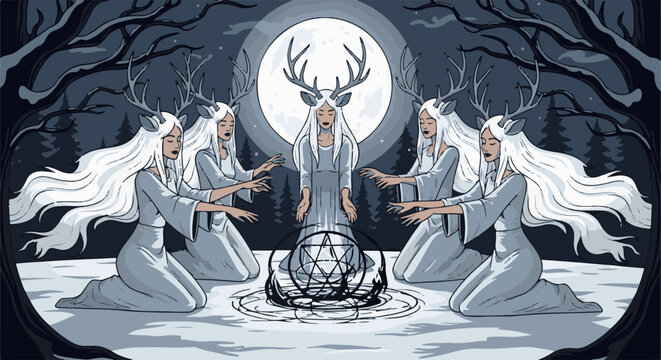 Figures with deer antlers perform a ritual under a large moon