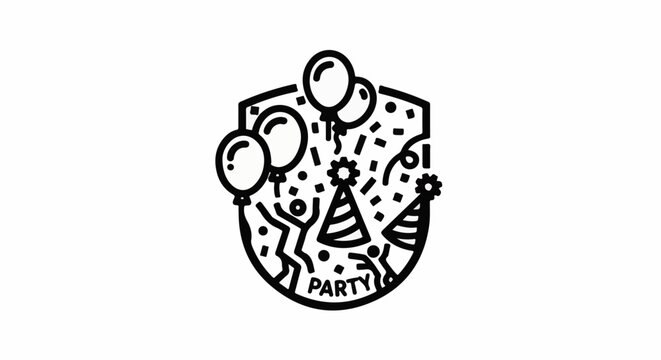 Festive celebration with balloons, confetti, party hats, and dancing figures