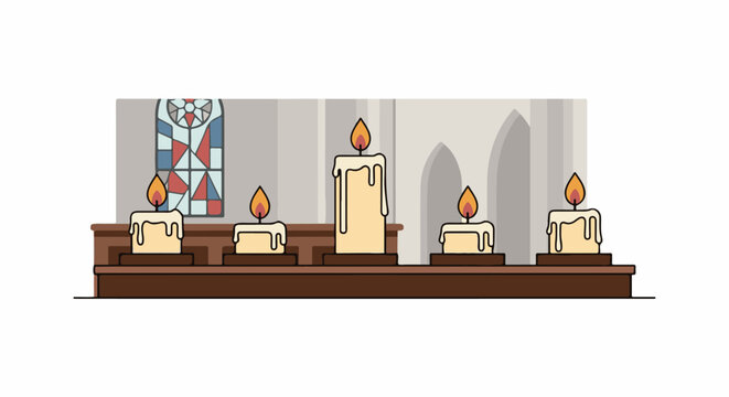 Five lit candles on a shelf in front of arched windows and stained glass