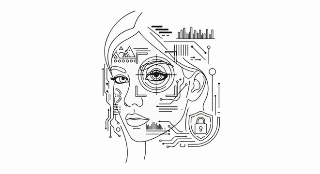 Futuristic cybernetic face with integrated circuits and data visualization