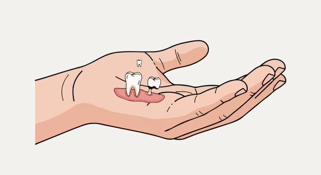 Hand holding teeth, some healthy, some extracted or damaged