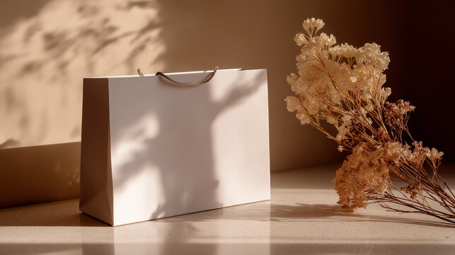 Blank white paper shopping bag on table with dried flowers and soft shadows