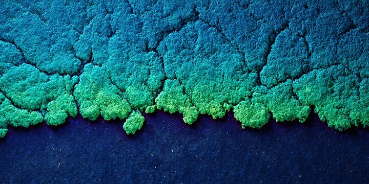 Close-up texture of green and blue lichen against dark blue surface with soft lighting