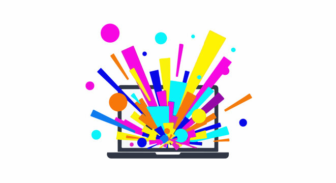 Laptop screen explodes with colorful abstract shapes and circles