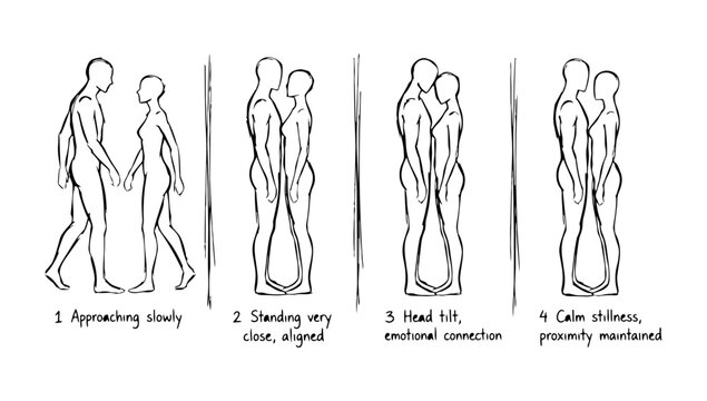 Romantic Couple Figure Sequence Displaying Approaching And Emotional Connection In Minimalist Doodle Line Art