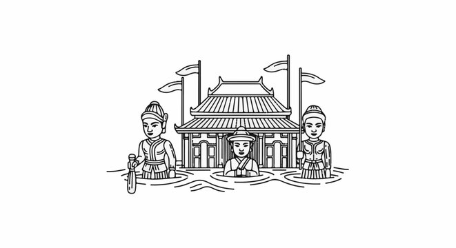 Line art of figures in water before a traditional building with flags