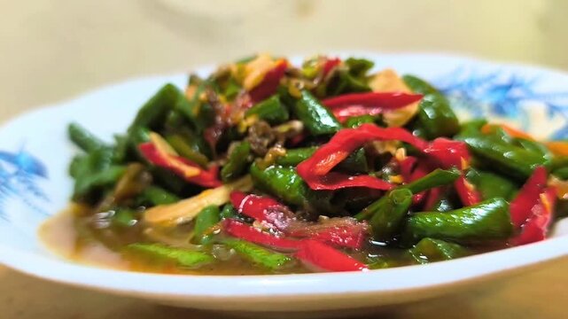 Close-up with selective focus on a delicious stir-fry of long beans, served with a light, fresh, and spicy sauce. This dish is a standout signature dish in the culinary industry.