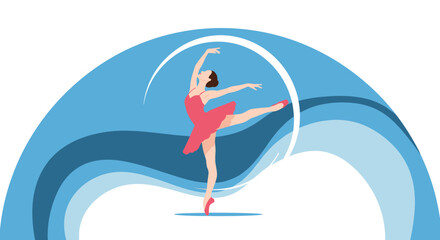 Fototapeta premium Elegant ballerina performing a dance move in a red dress against a stylized blue and white wave background representing grace.