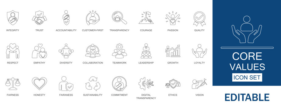Core values and business ethics icon set. Vector symbols for integrity, trust, and teamwork. Thin line style for corporate culture, leadership, and sustainability.