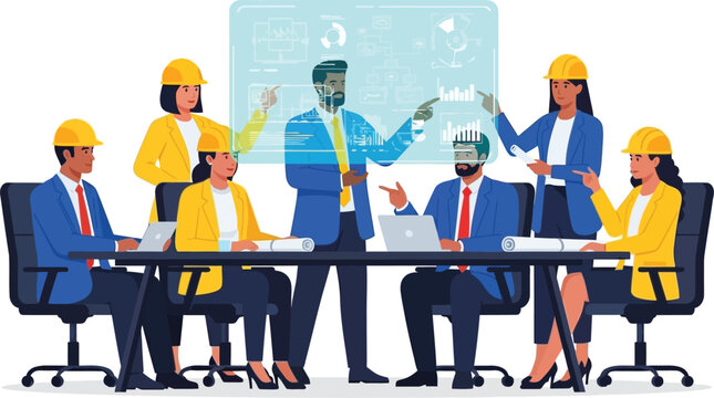 Diverse team of engineers and business professionals collaborating on a project using a digital holographic interface in a meeting room vector illustration