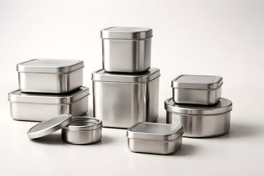 Minimalist stainless steel reusable containers arranged with modular geometric balance creating modern zero waste kitchen storage concept on clean studio surface
