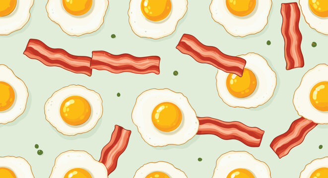 Seamless pattern featuring delicious fried eggs with bright yellow yolks and crispy bacon strips scattered on a light green background for food theme.