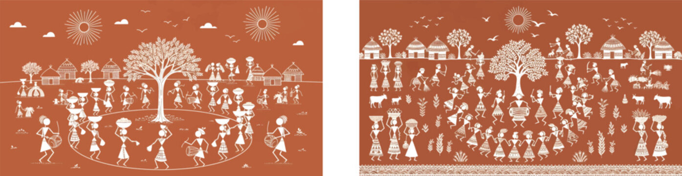 Warli art tribal painting vector set, traditional Indian folk illustration of village life, terracotta ethnic mural with dancing figures and nature